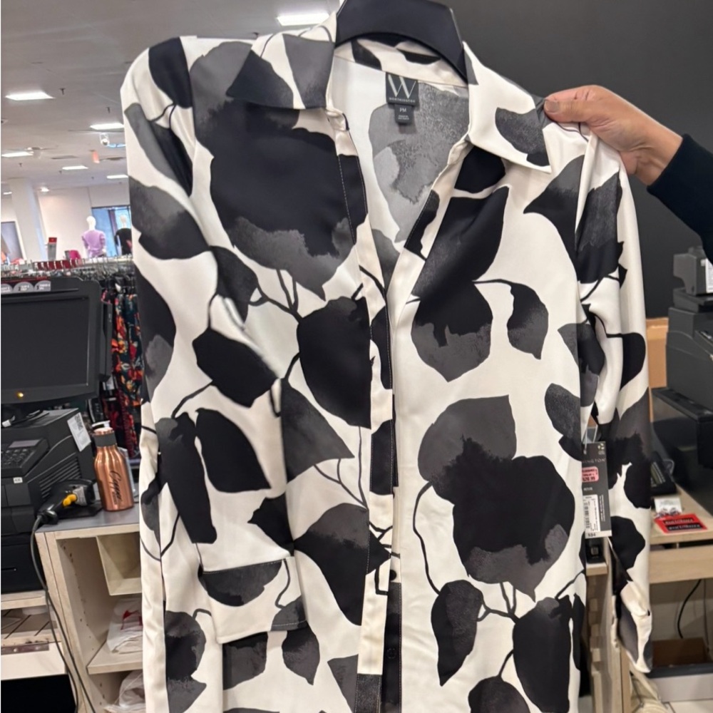 Worthington Black/🤍🩶 White Tie Front Shirt Dress - Picture 2 of 8
